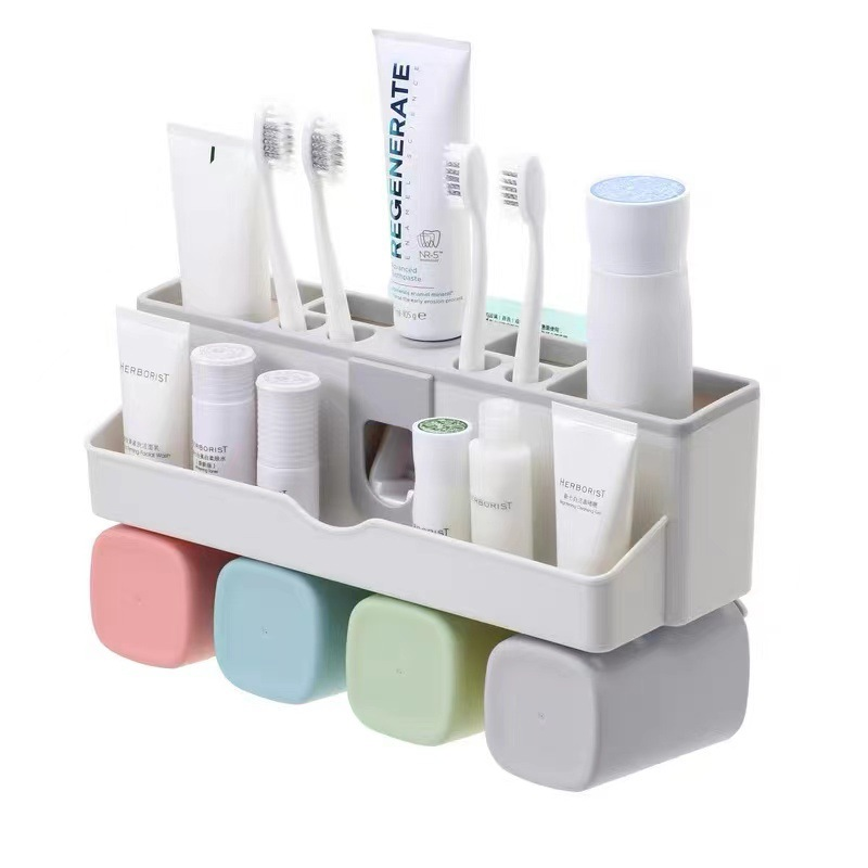 Organizador de Baño Dispenser de Pasta Dental con Porta 4 Cepillos y 4 Vasos freeshipping - Emará