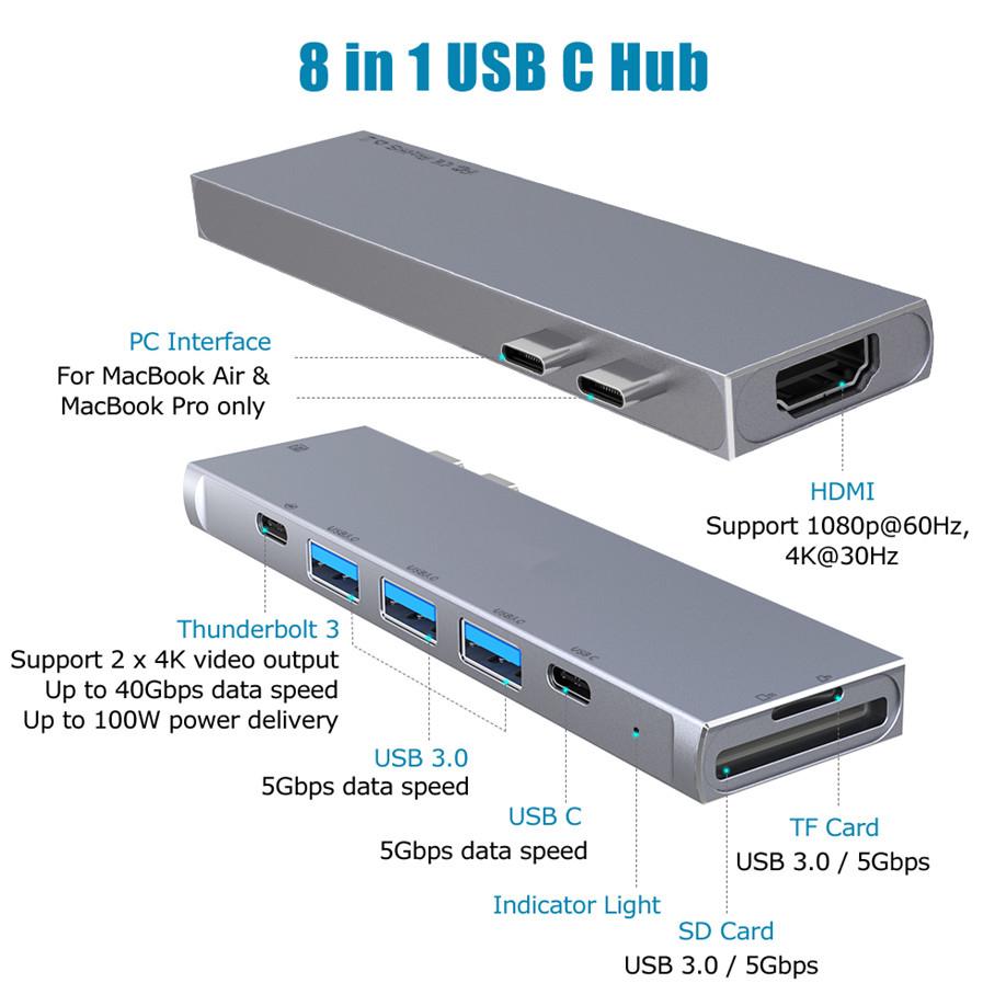 Hub Usb Tipo C  de Aluminio - 8 Puertos (HDMI 4K - SD - USB 3.0)  Para Macbook M1 - Pro & Air freeshipping - Emará